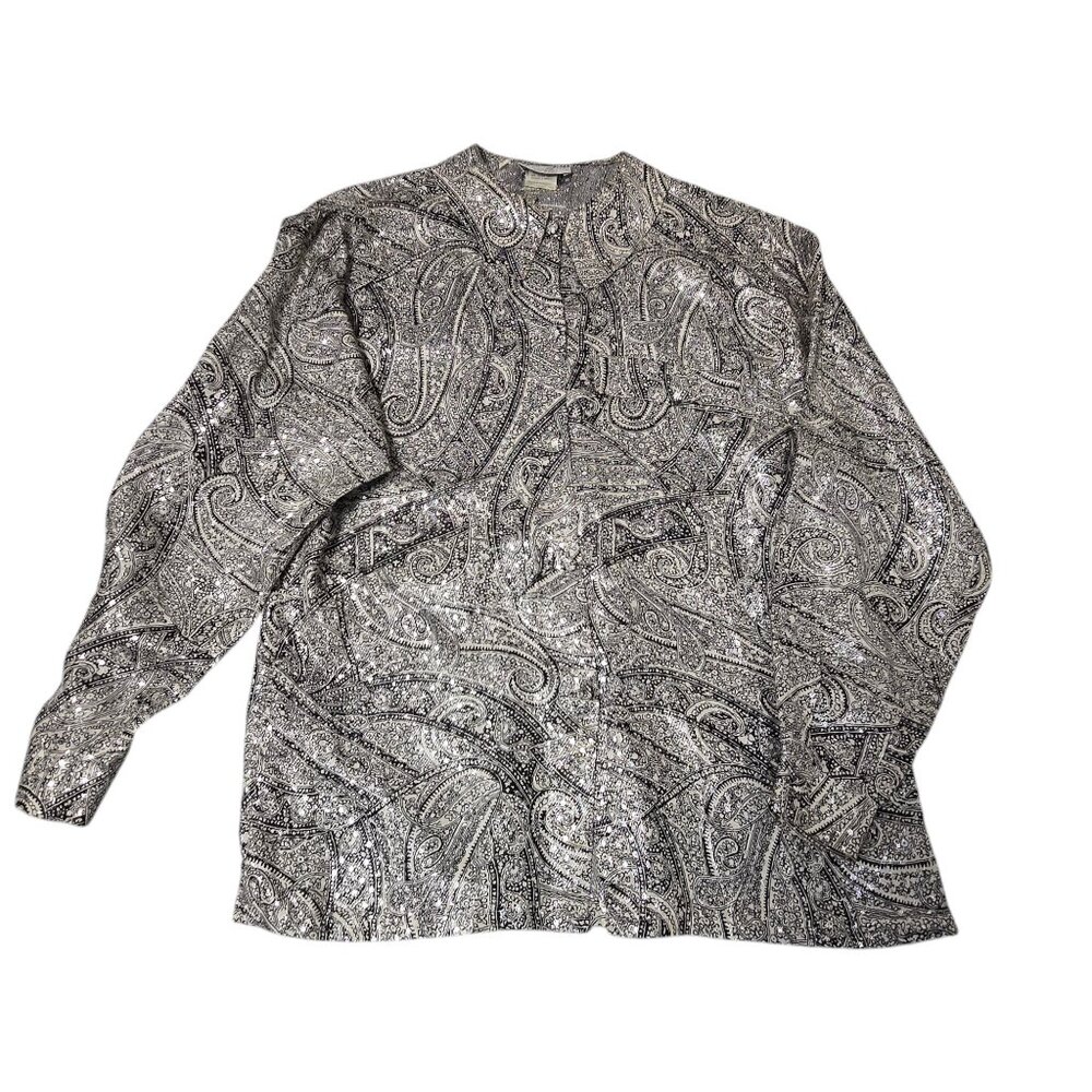 Italian Womans blouse size 6 B&W with sparkles pre-owned 78% satin 22% polyester